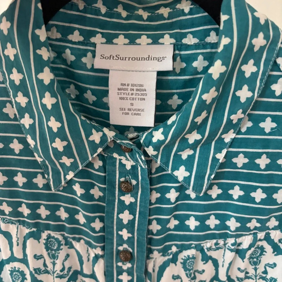 Soft Surroundings Size Small Teal Damask Paisley Diamond Patterned Top Blouse - Picture 9 of 14